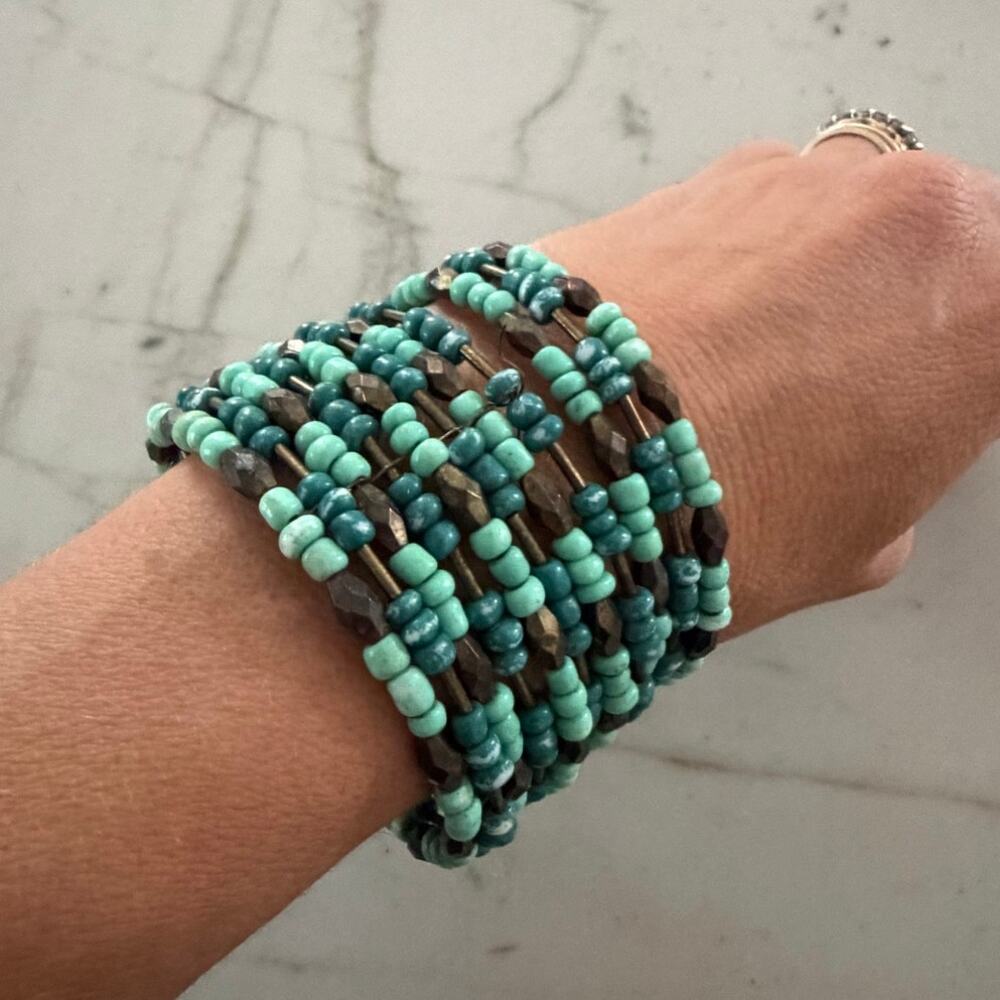 Turquoise Teal Beaded Statement Cuff Bracelet Wide Boho Southwestern Vintage